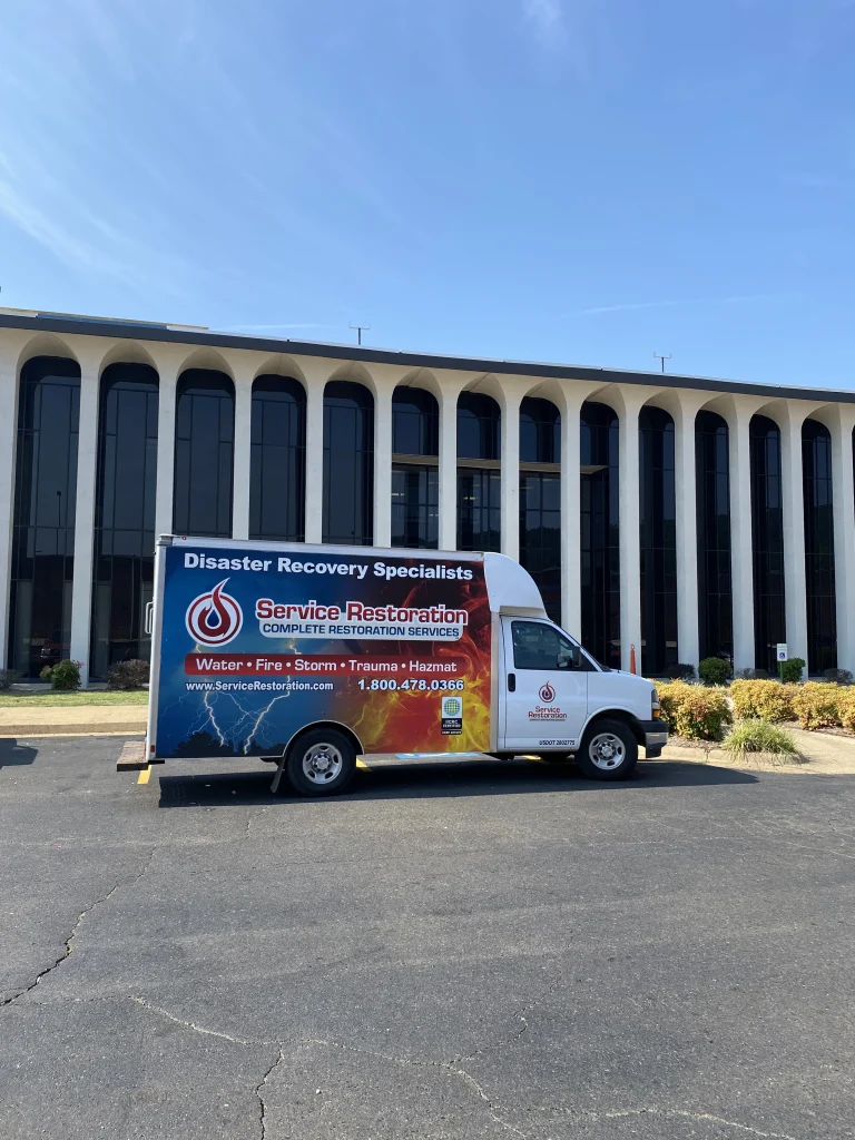 Service Restoration crew on site at a bank performing water damage restoration