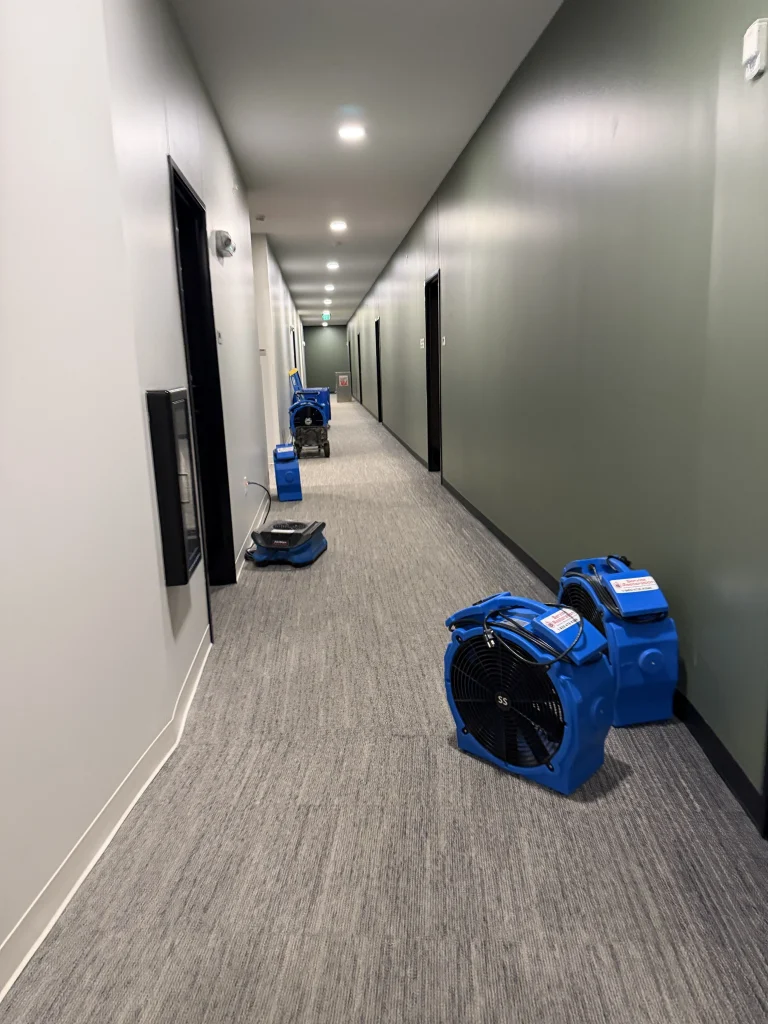 Air movers and air scrubbers staged for water damage restoration at affordable housing facility