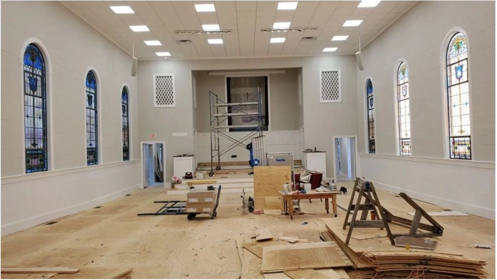Water damage restoration inside church congregation area