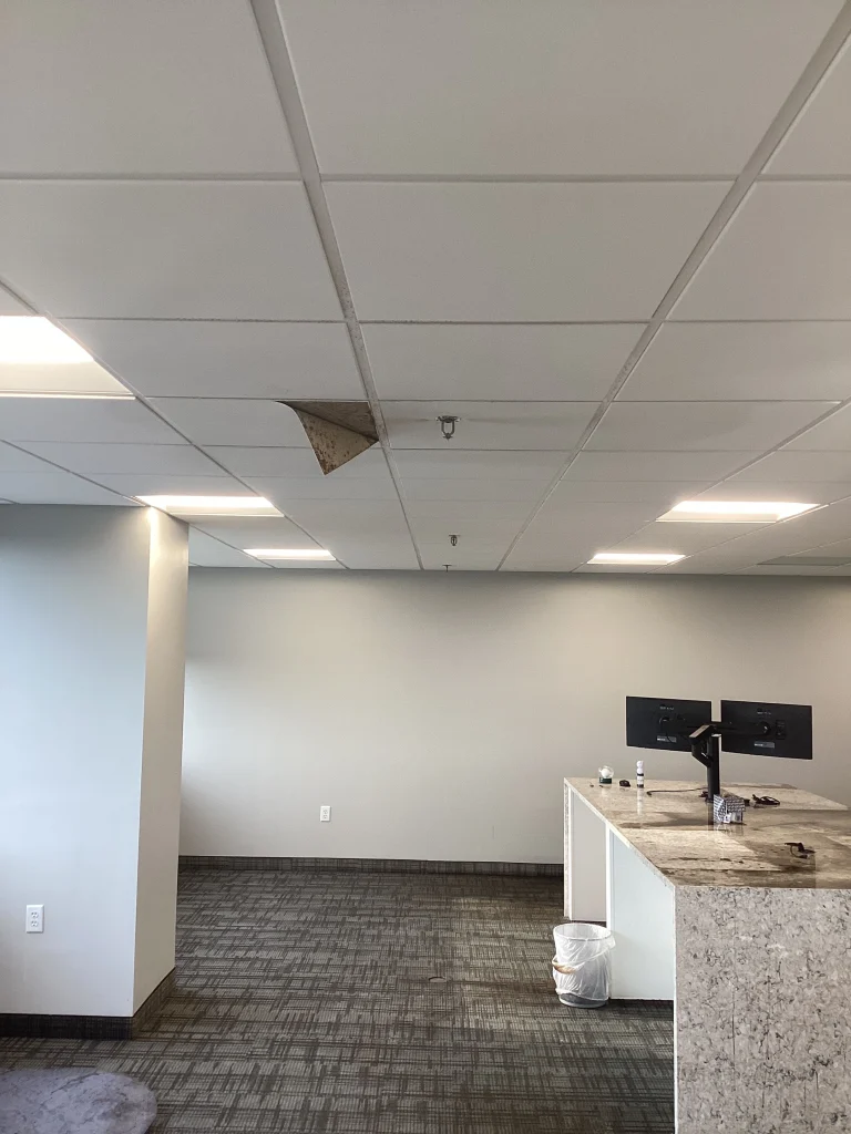 Commercial office building flooded after sprinkler system water line break